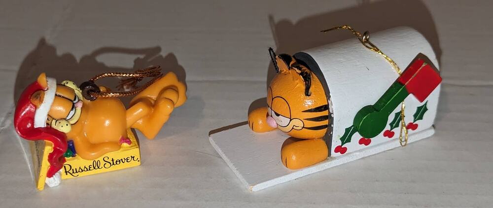 2 Vintage 1980's Collectible Garfield Christmas Ornaments Rare Wooden